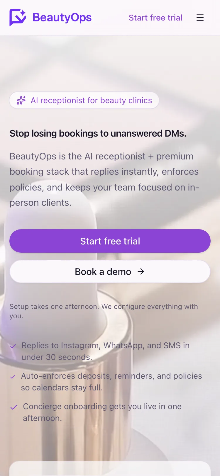 BeautyOps website mobile view