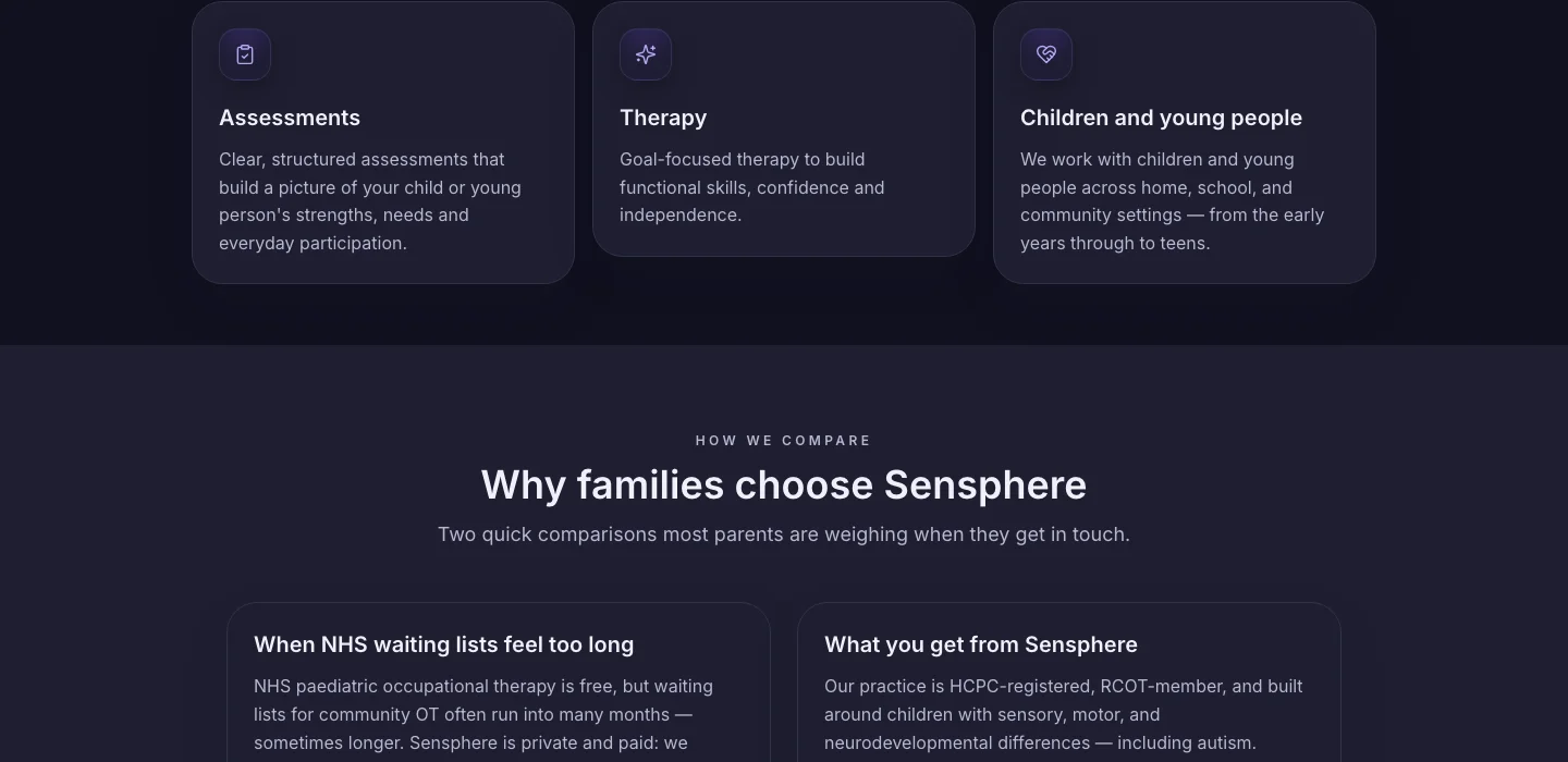 Why families choose Sensphere. NHS vs Sensphere two-column comparison section
