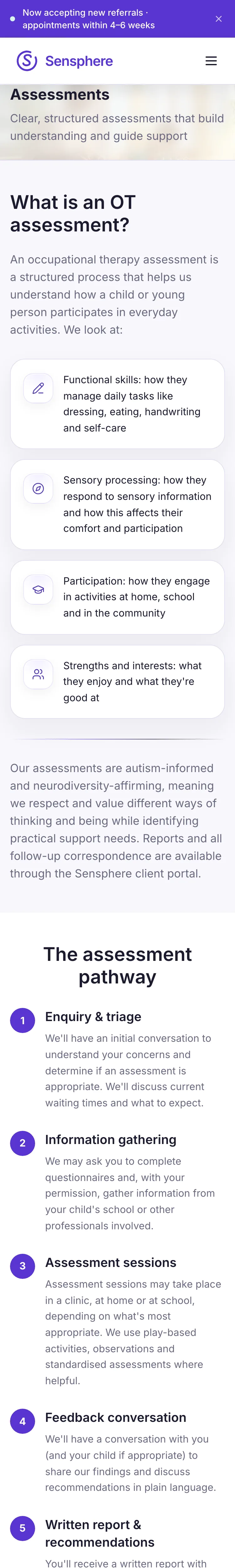 Sensphere assessments page on mobile, five-step pathway and What to expect cards
