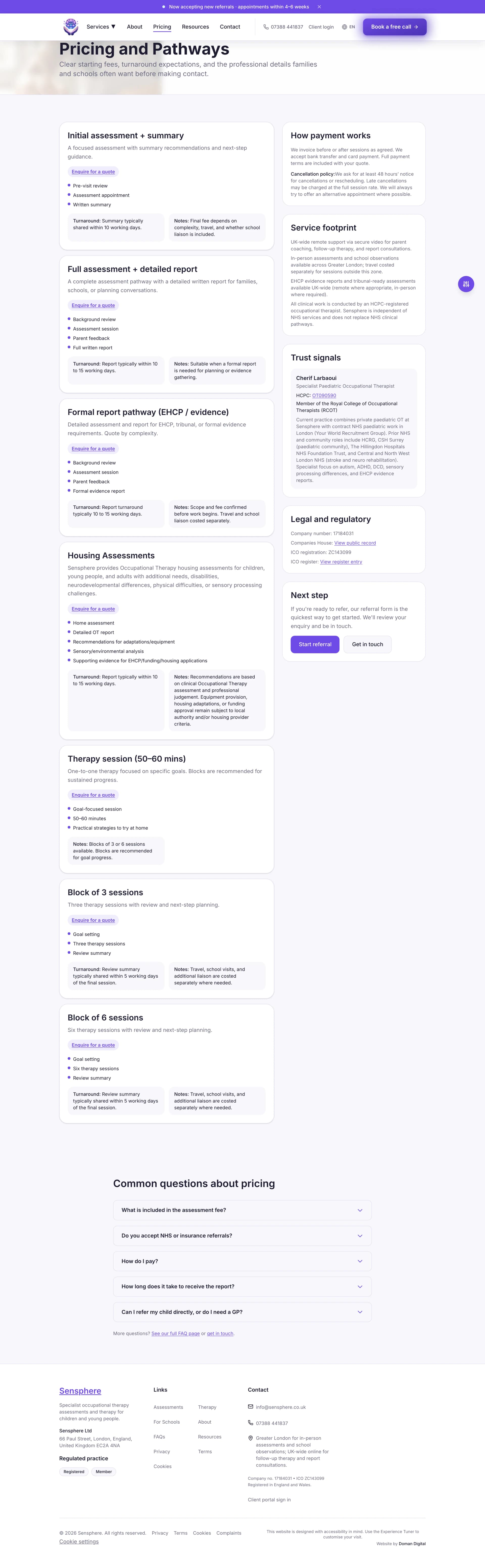 Sensphere pricing page with transparent fee structure and trust sidebar showing ICO registration and company number