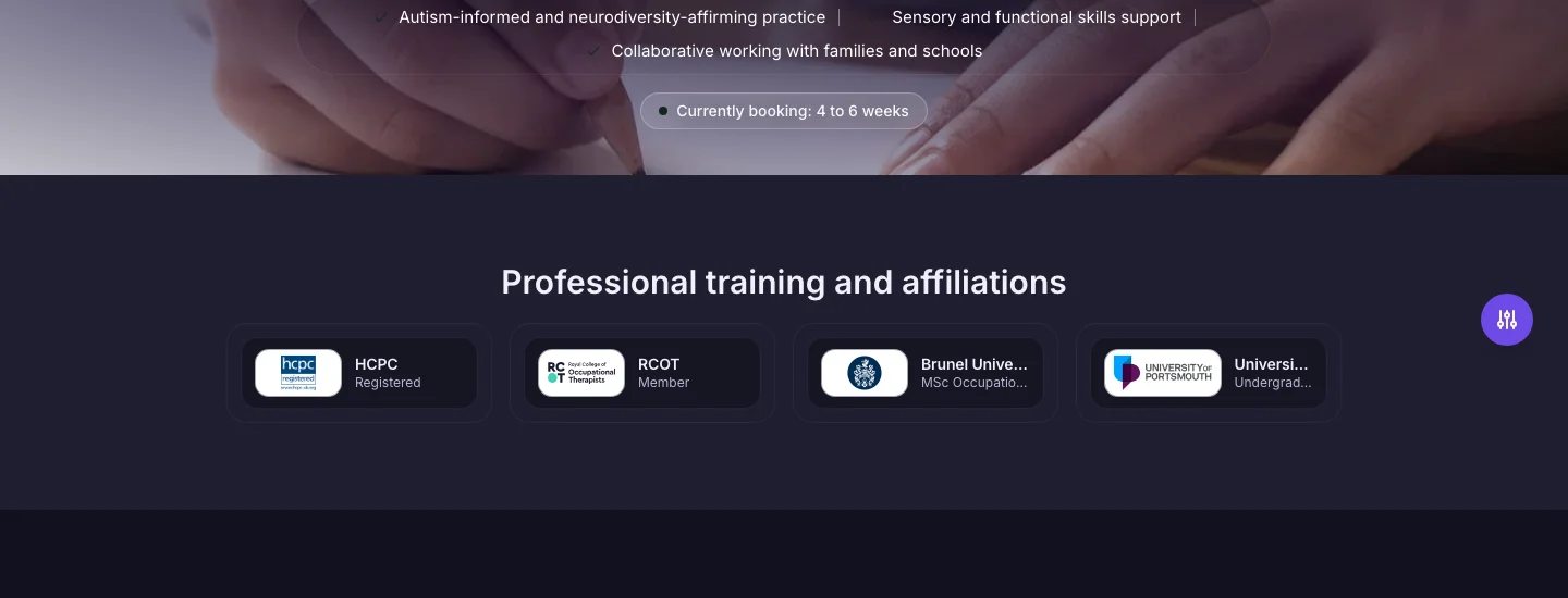 HCPC, RCOT, Brunel and Portsmouth logos in credential cards with Currently Booking indicator