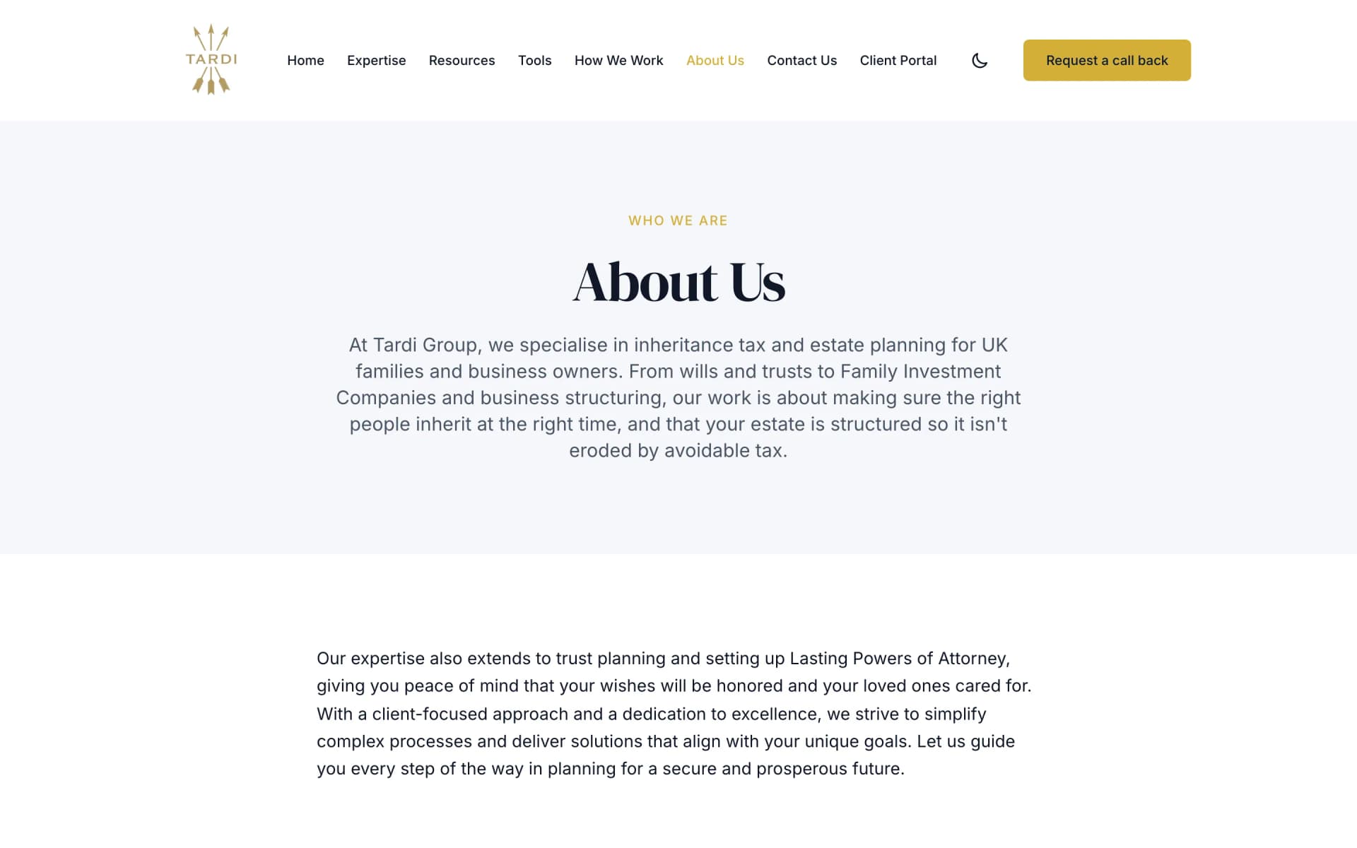 Tardi Group's rebuilt About Us page, opening with what the firm specialises in and who it is for