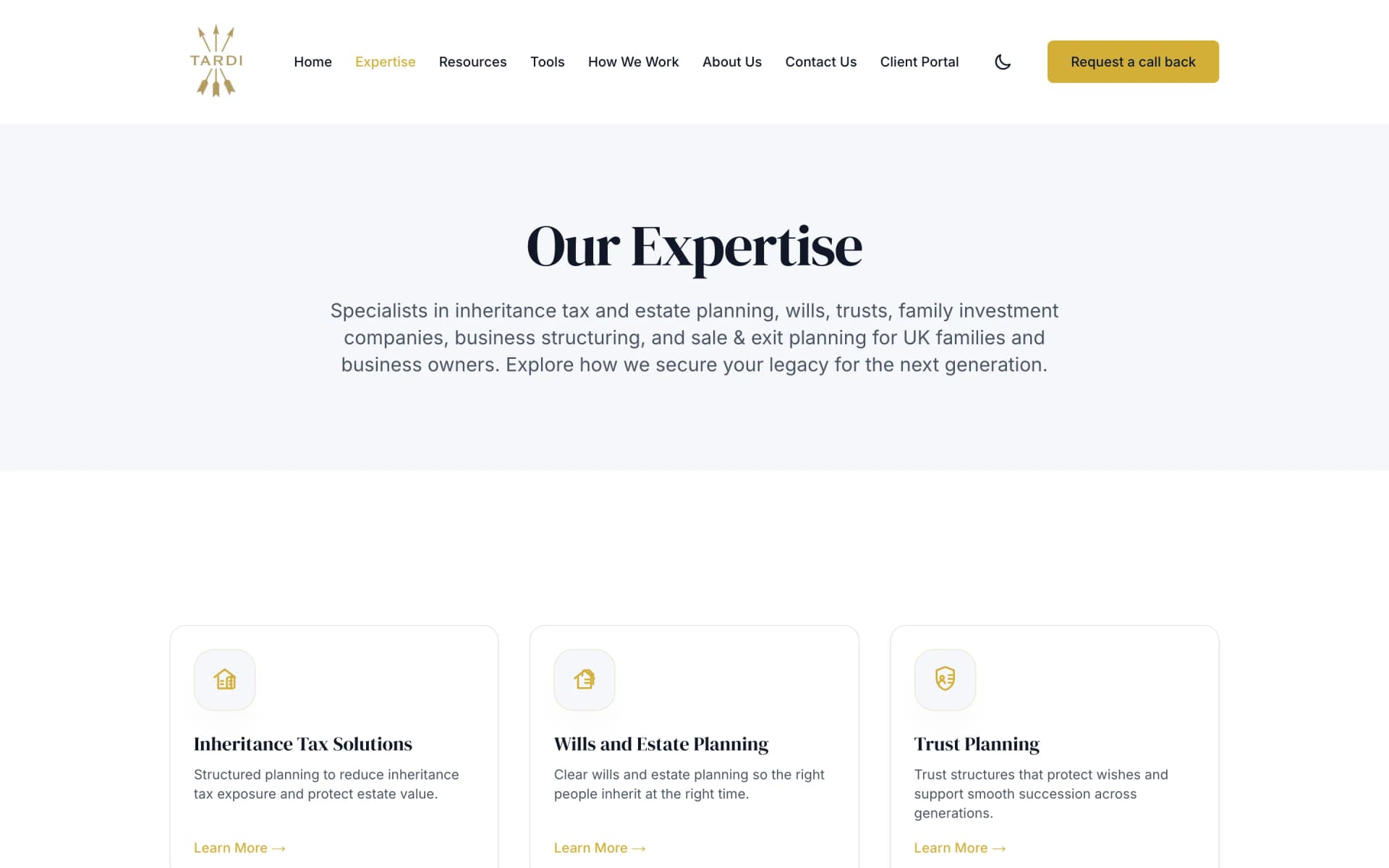 Tardi Group's rebuilt expertise page: eight service cards written around client-facing questions
