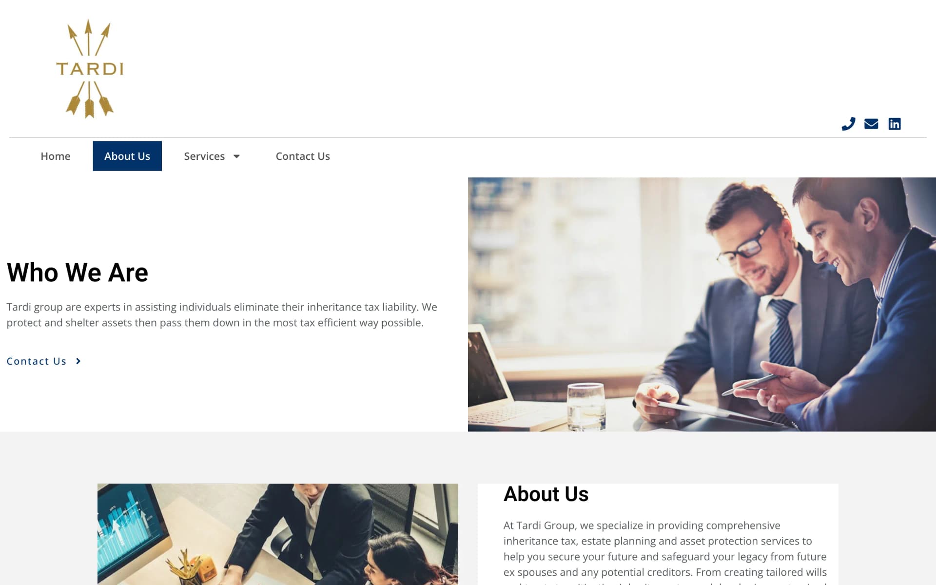 Tardi Group's old WordPress About page, headlined 'Who We Are' with a claim about eliminating inheritance tax liability