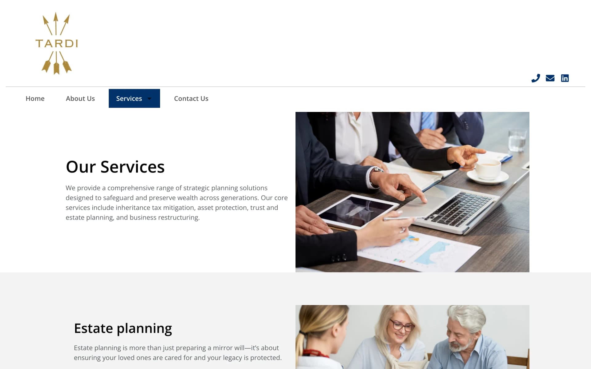 Tardi Group's old WordPress services page: five stock-photo rows with one-line descriptions