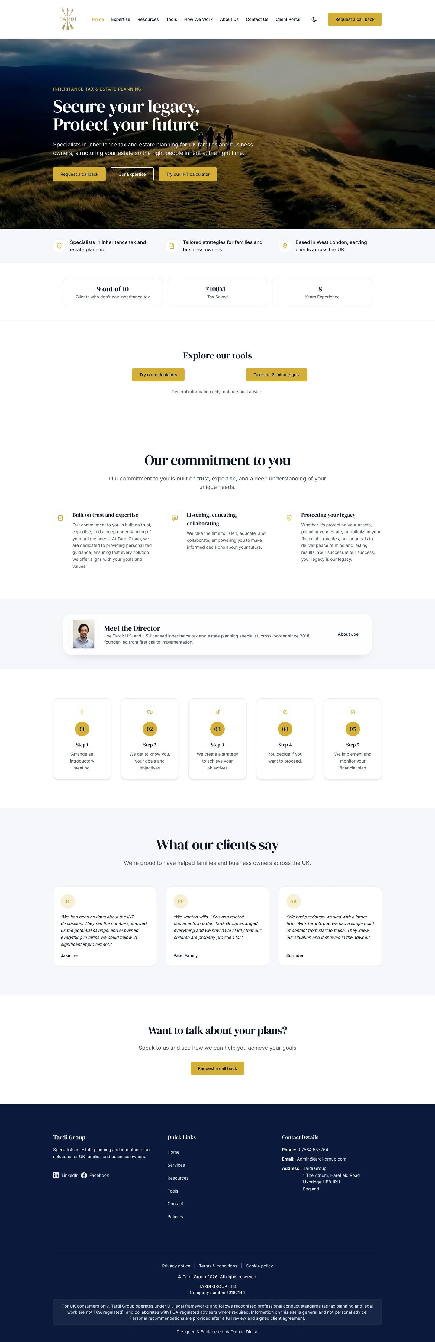 Tardi Group homepage on the rebuilt site: hero, trust strip, outcome figures, tools, and client quotes