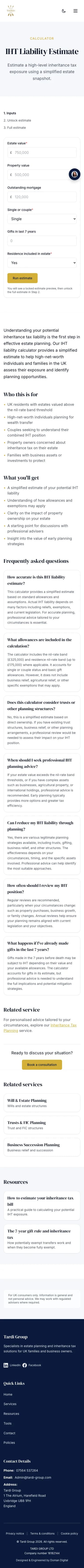 IHT liability estimator on mobile, stepped calculator built into the public site