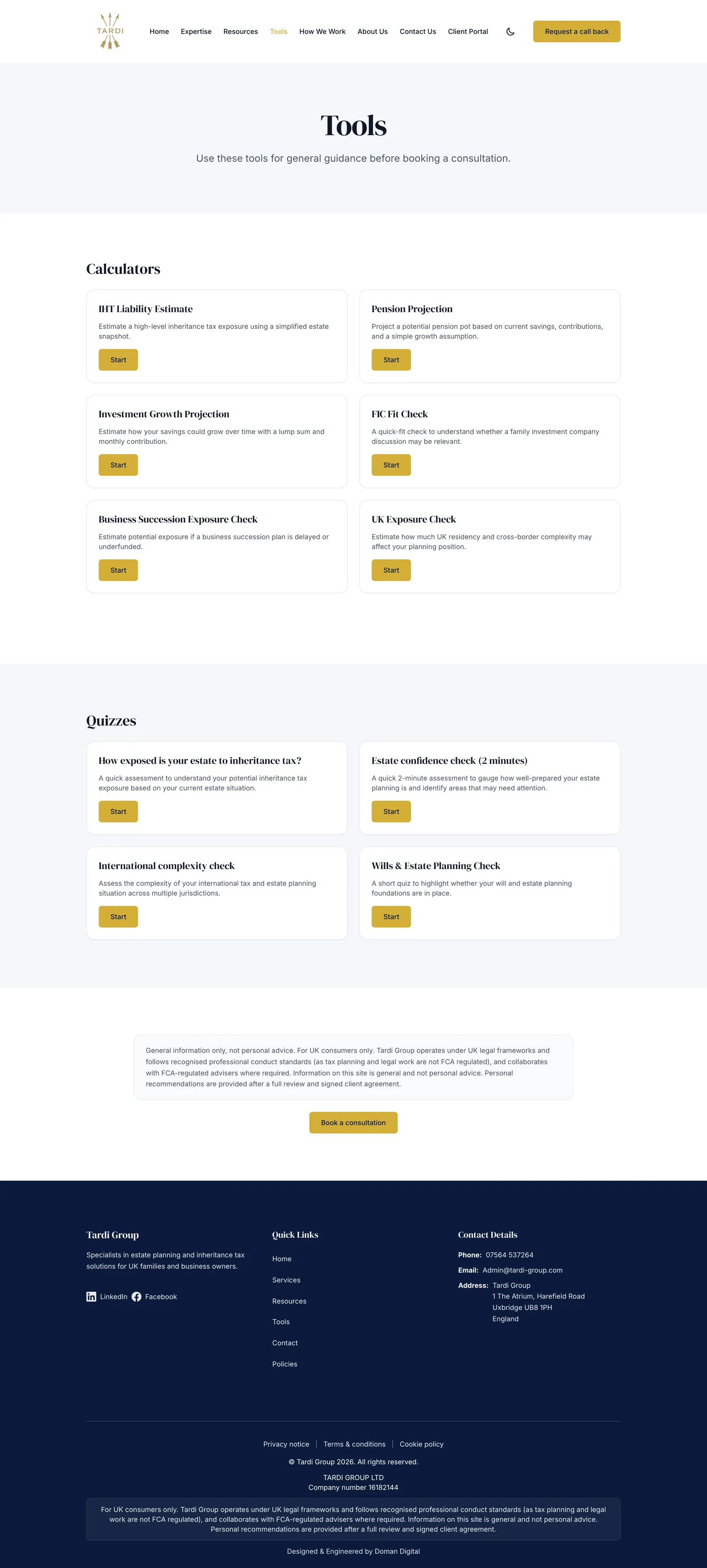 Tardi Group tools index, six calculators and four quizzes