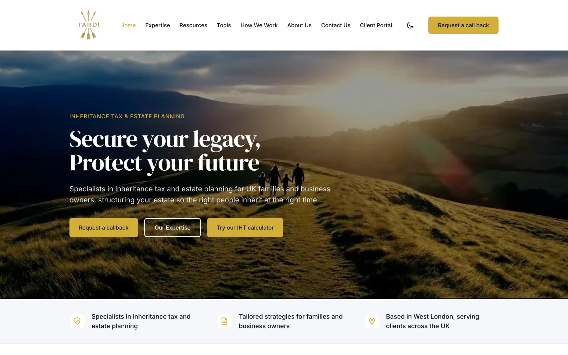 Tardi Group's rebuilt homepage: inheritance tax positioning, specific sub-headline, and three clear next steps