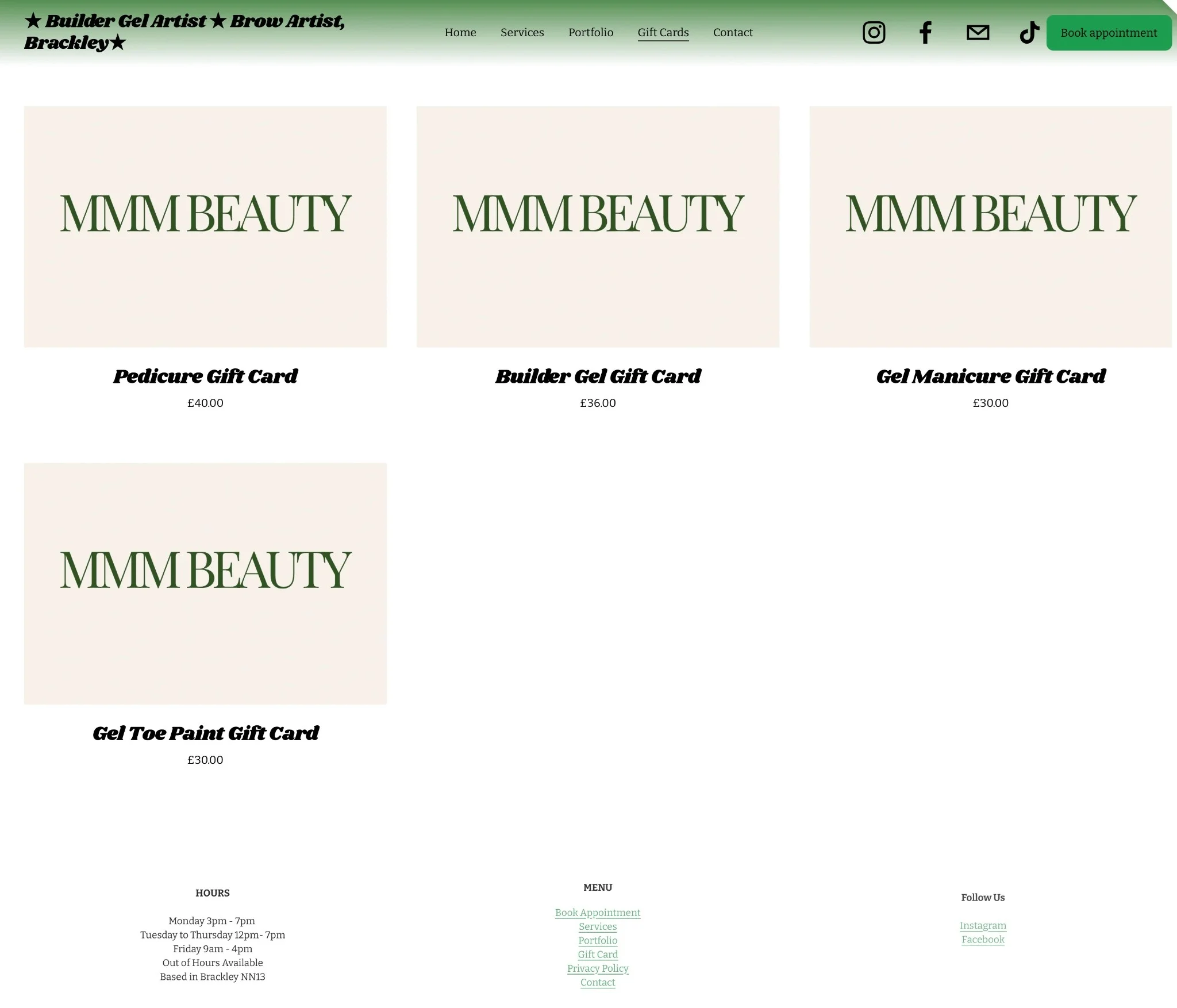 MMM Beauty gift cards page - before (old site)