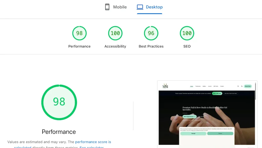 Lighthouse desktop scores for MMM Beauty