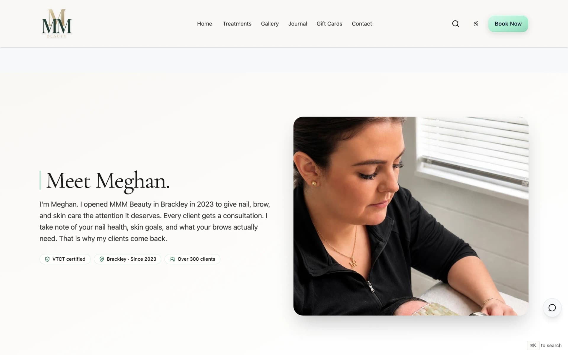 MMM Beauty about page - Meghan, credentials, and how she works