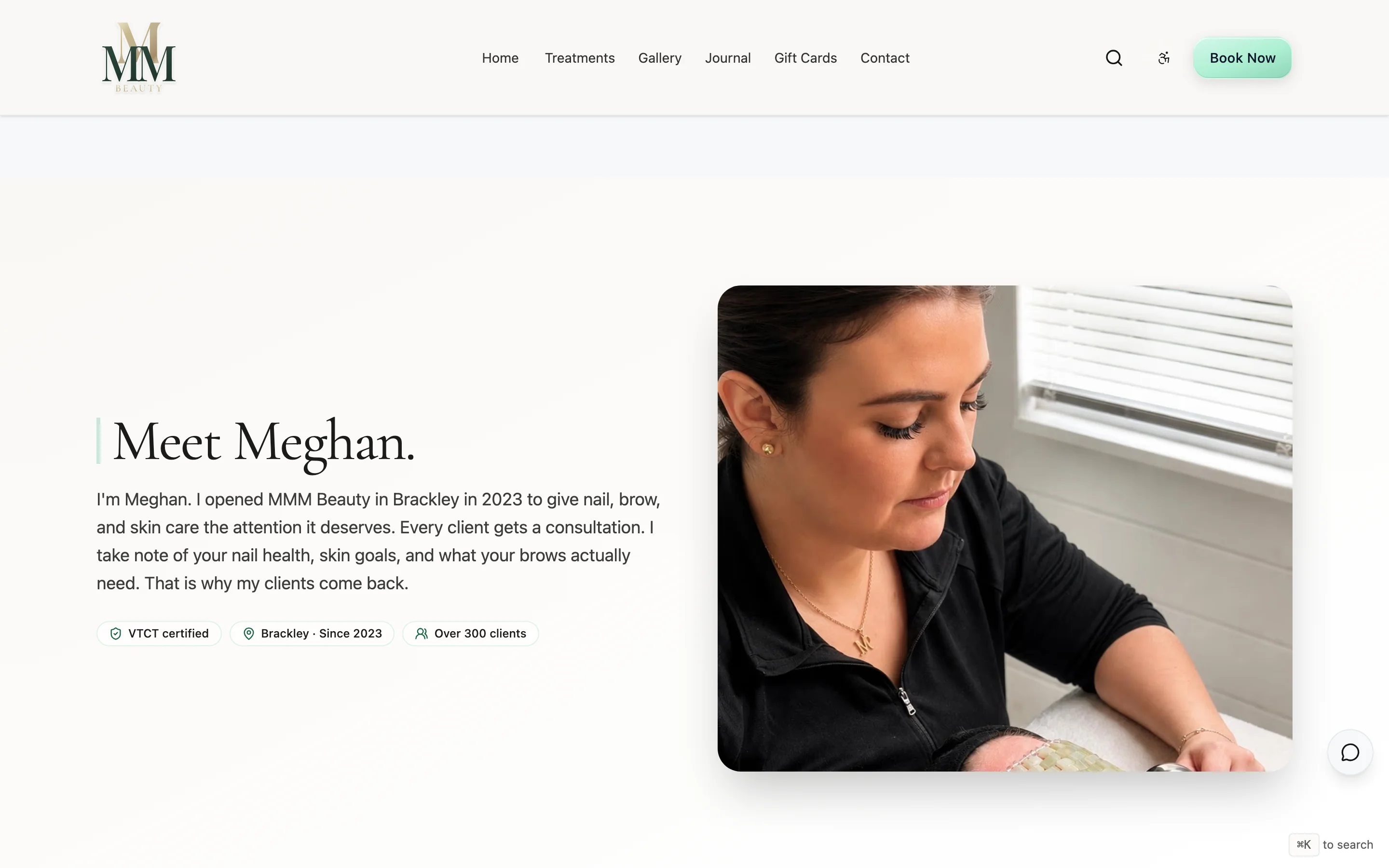 MMM Beauty about page - Meghan, credentials, and how she works
