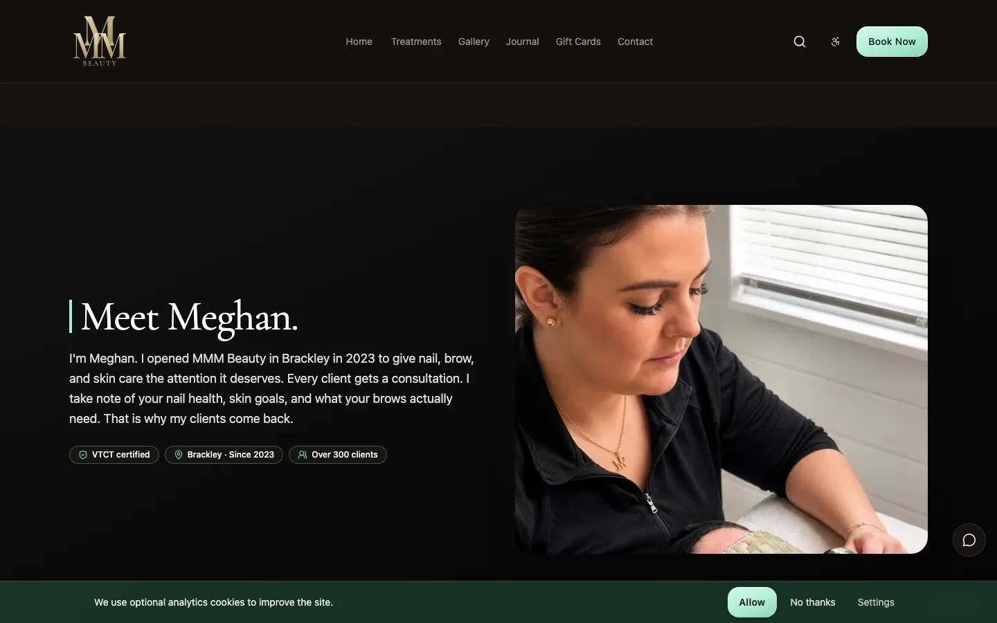 MMM Beauty about page - Meghan, credentials, and how she works