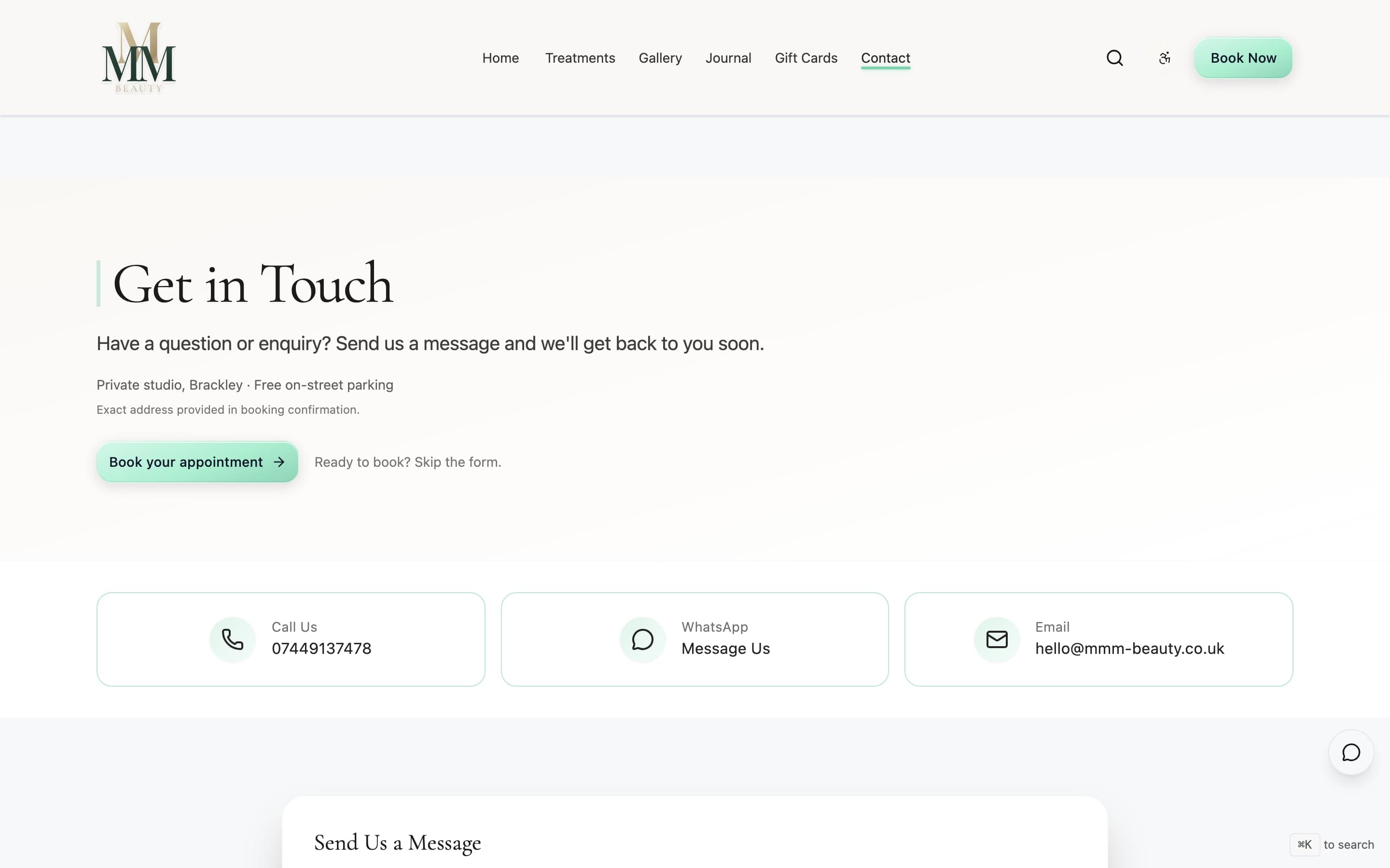 MMM Beauty contact page - after (new site)