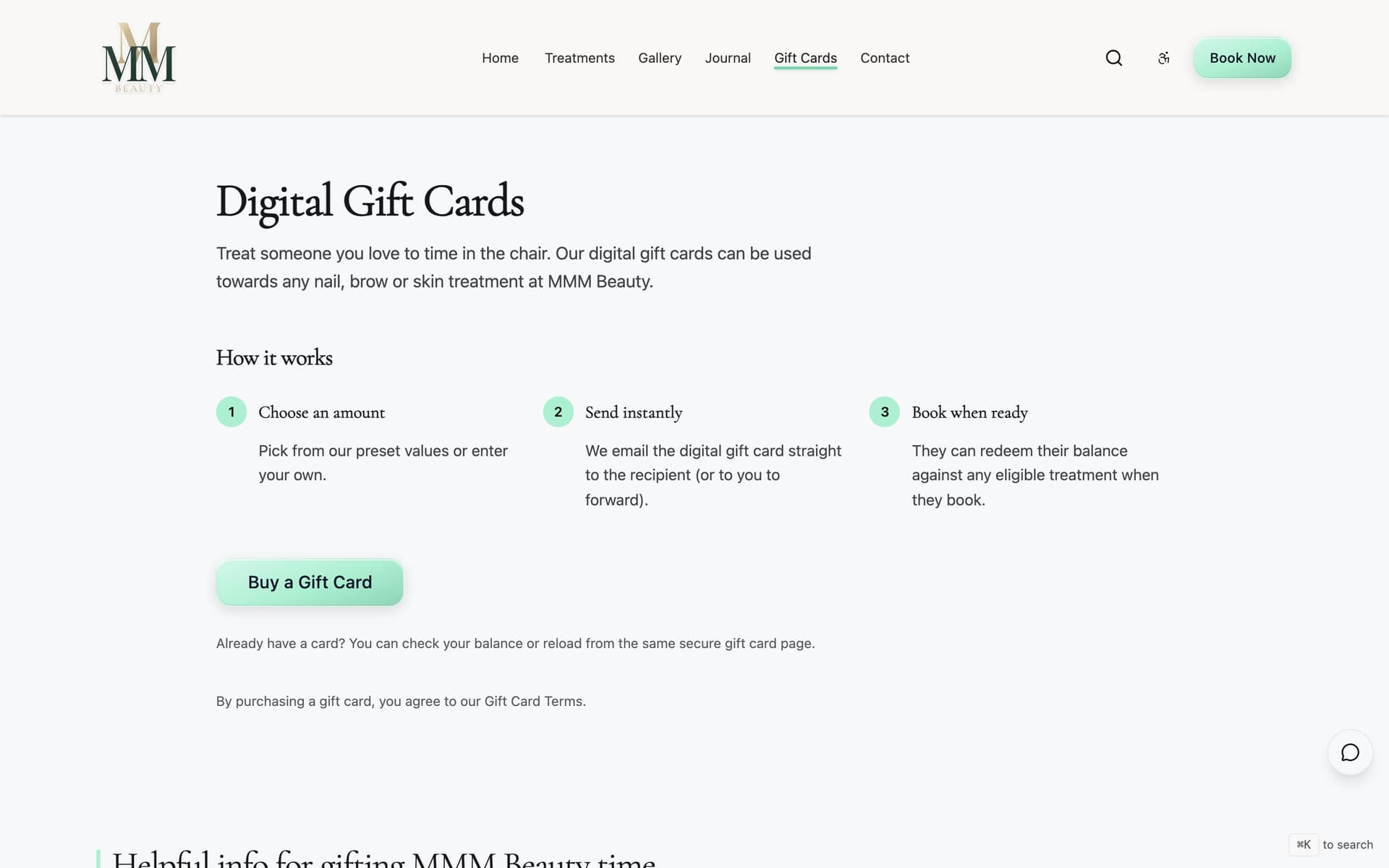 MMM Beauty gift cards page - after (new site)