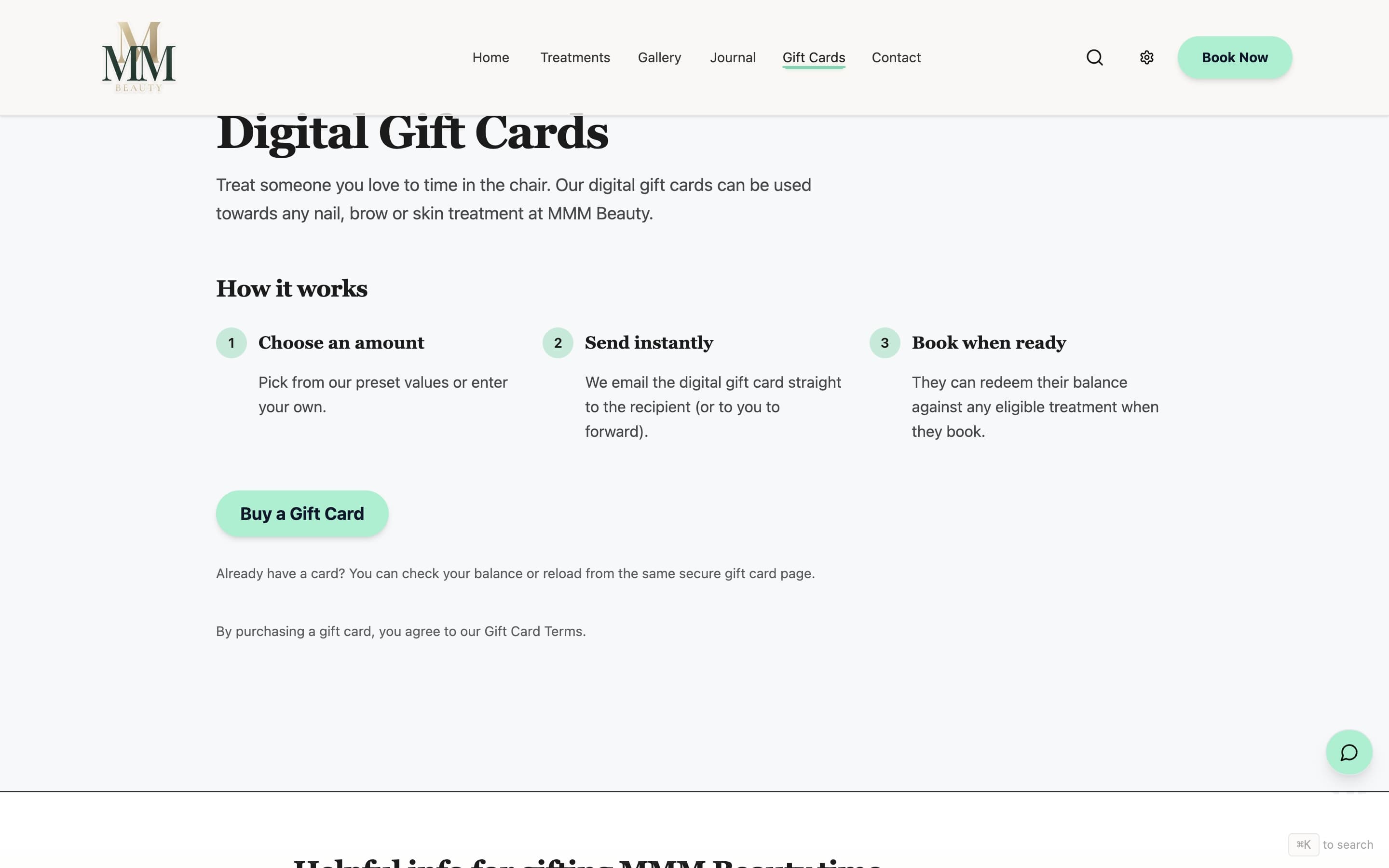 MMM Beauty gift cards page - after (new site)