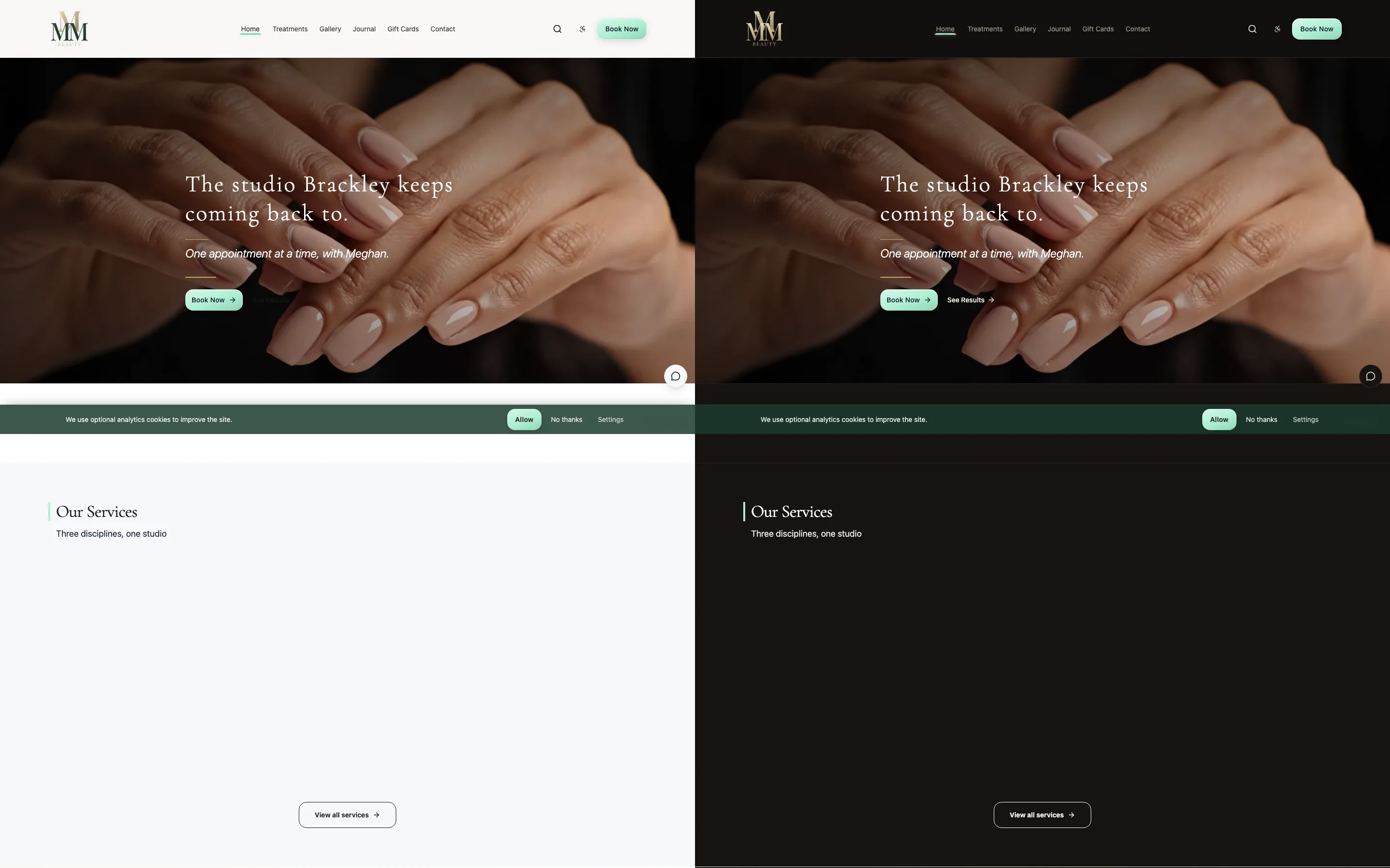MMM Beauty homepage in light and dark mode, side-by-side desktop view