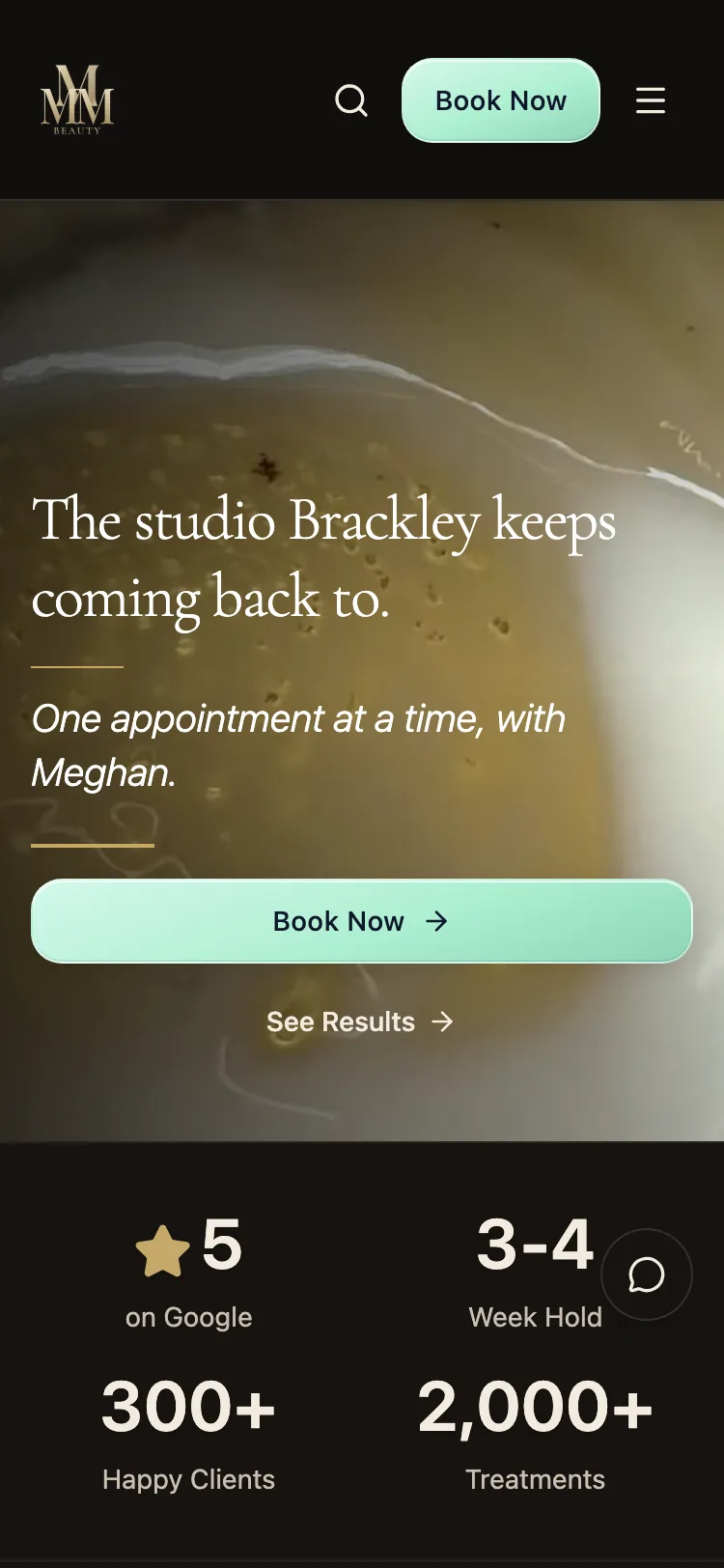 MMM Beauty homepage on mobile, dark mode