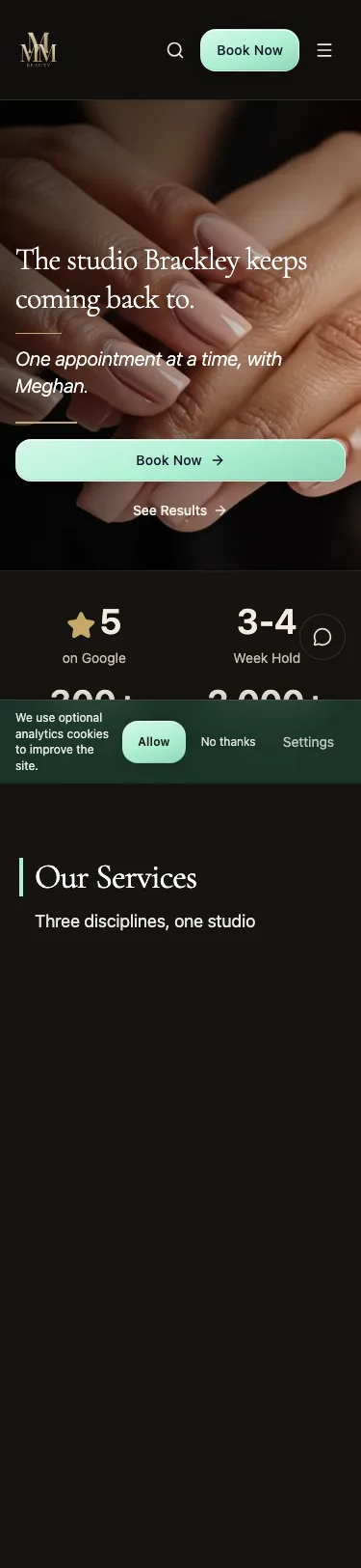 MMM Beauty homepage on mobile, dark mode
