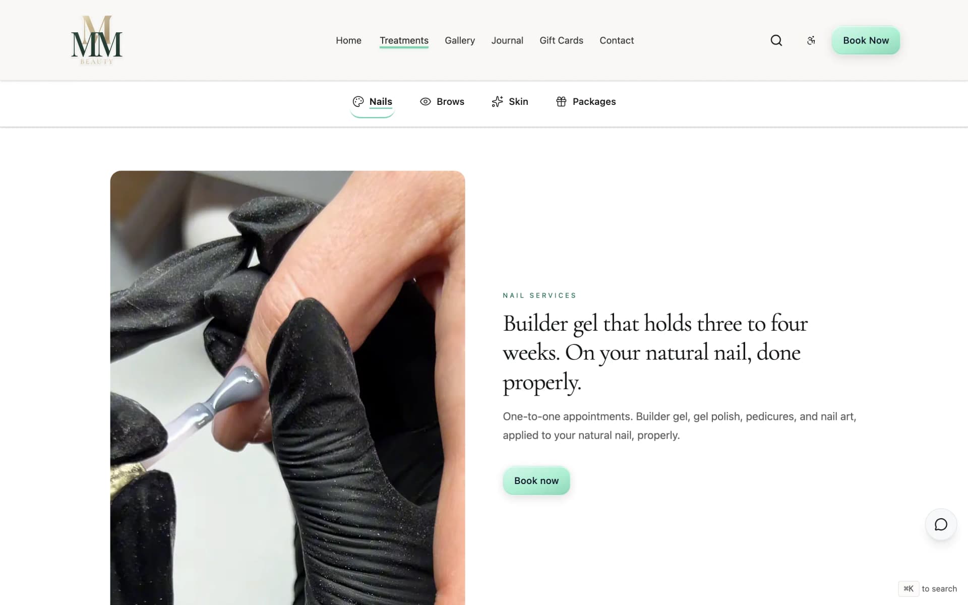MMM Beauty nails page - hero, testimonials, and packages