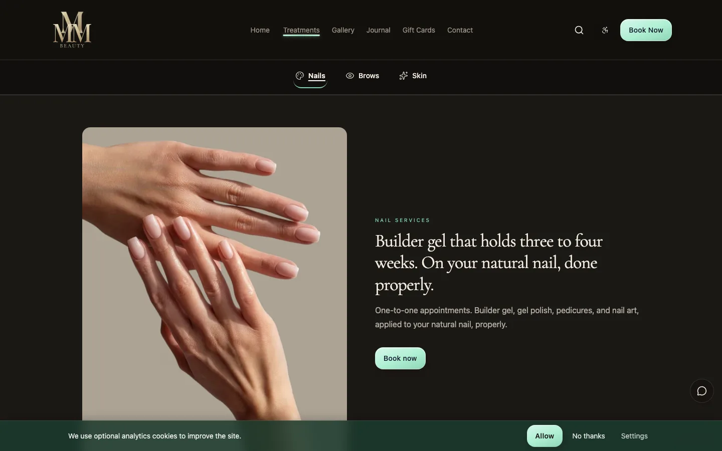 MMM Beauty nails page - hero, testimonials, and packages
