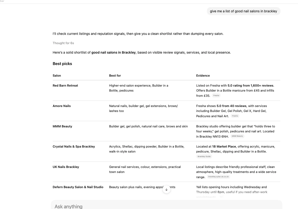 AI assistant best-picks list for Brackley nail salons citing MMM Beauty