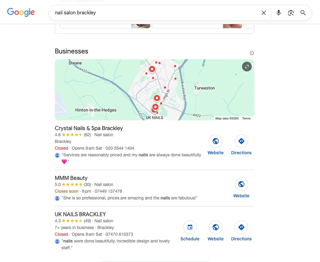 Google local map pack for "nail salon Brackley". MMM Beauty showing 5.0 rating