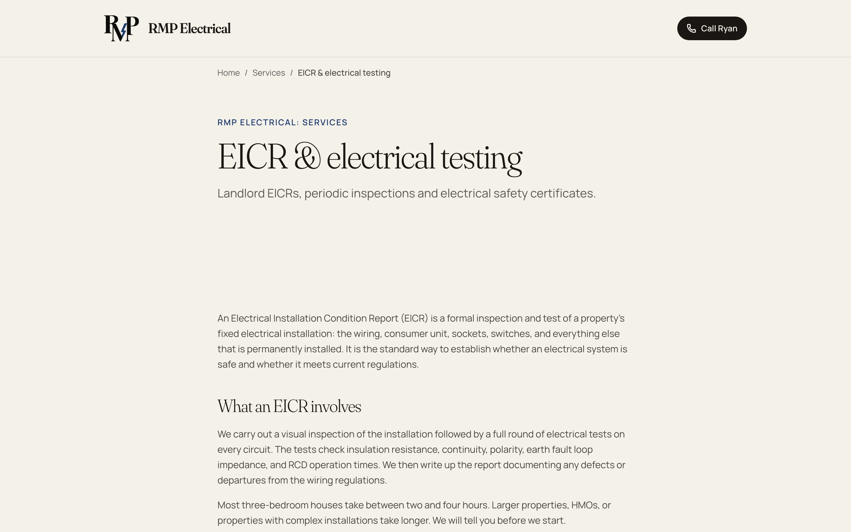 RMP Electrical EICR testing service page on desktop