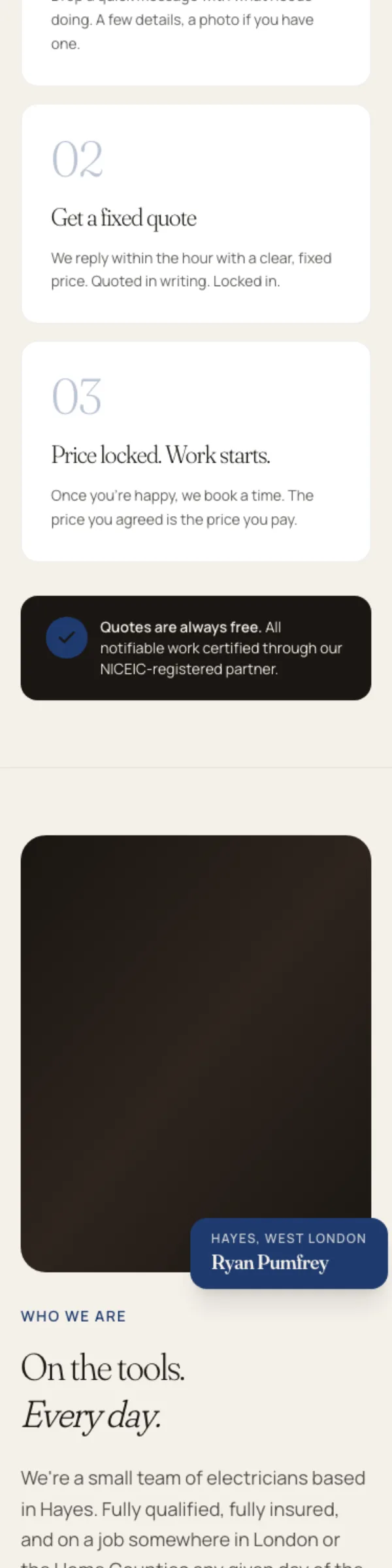 RMP Electrical homepage on mobile