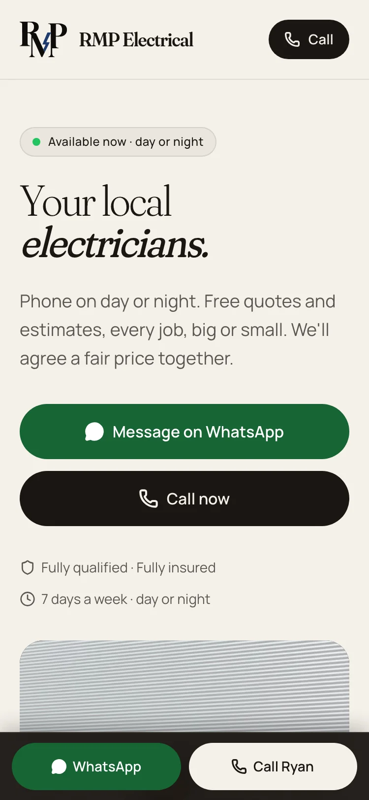RMP Electrical homepage on mobile