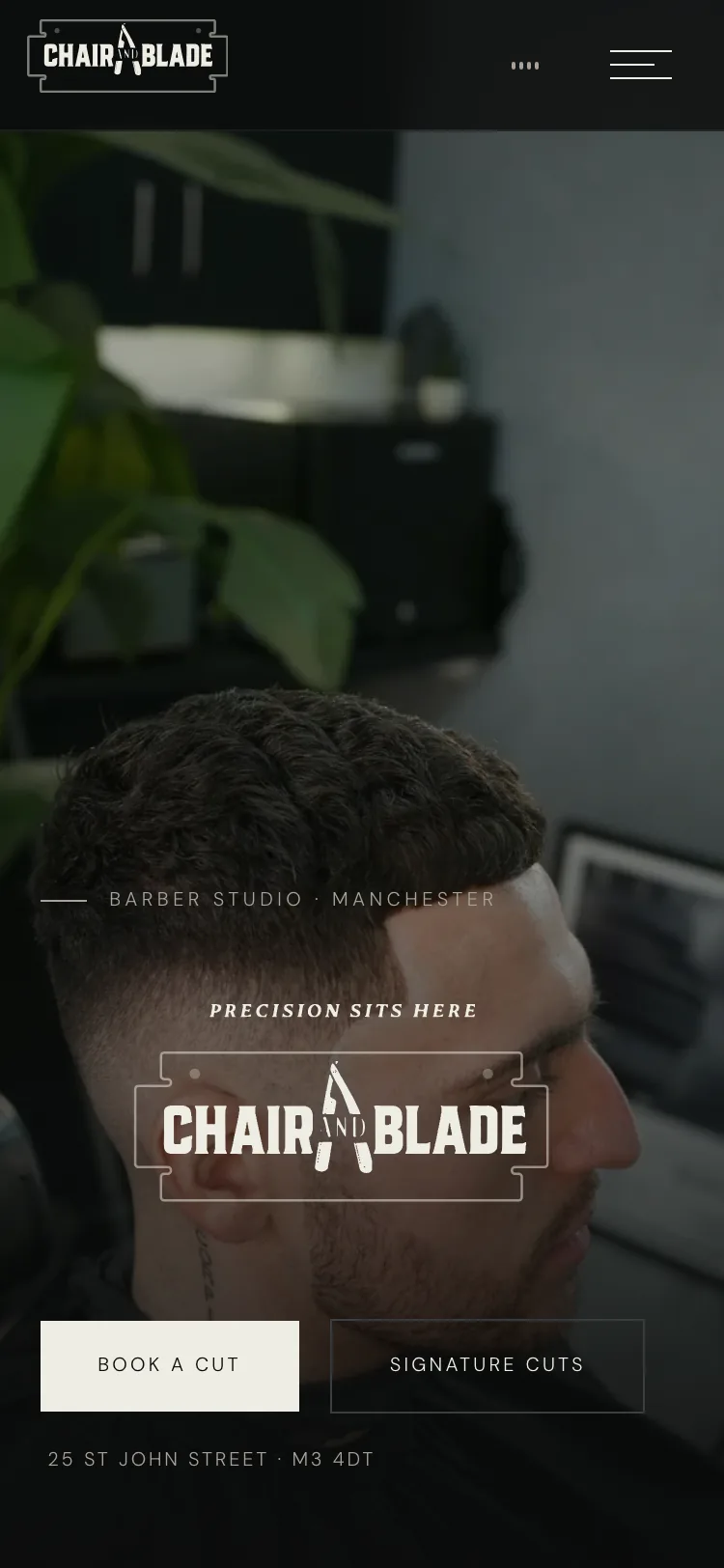 Chair and Blade homepage hero, mobile view