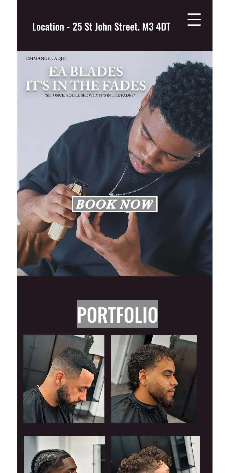 EA blades Wix homepage on a phone: a 320px-wide layout with a squeezed hero and a two-across photo grid