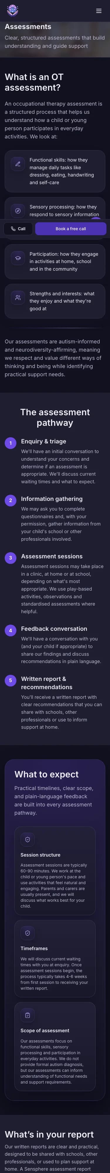 Sensphere assessments page on mobile, five-step pathway and What to expect cards