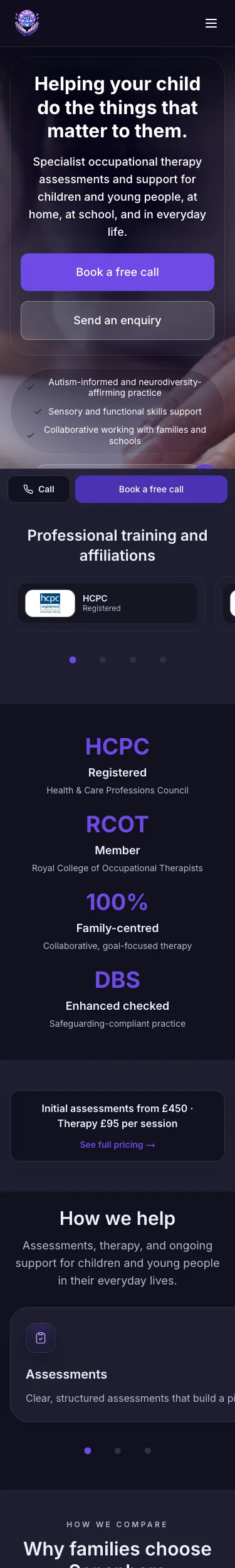 Sensphere homepage on mobile, hero, sticky call bar, HCPC/RCOT/100%/DBS stats and comparison section