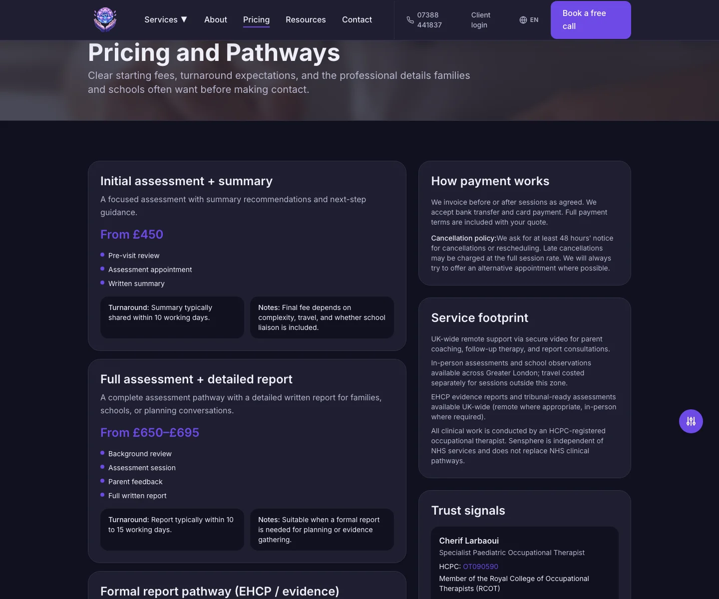 Sensphere pricing page with transparent fee structure and trust sidebar showing ICO registration and company number