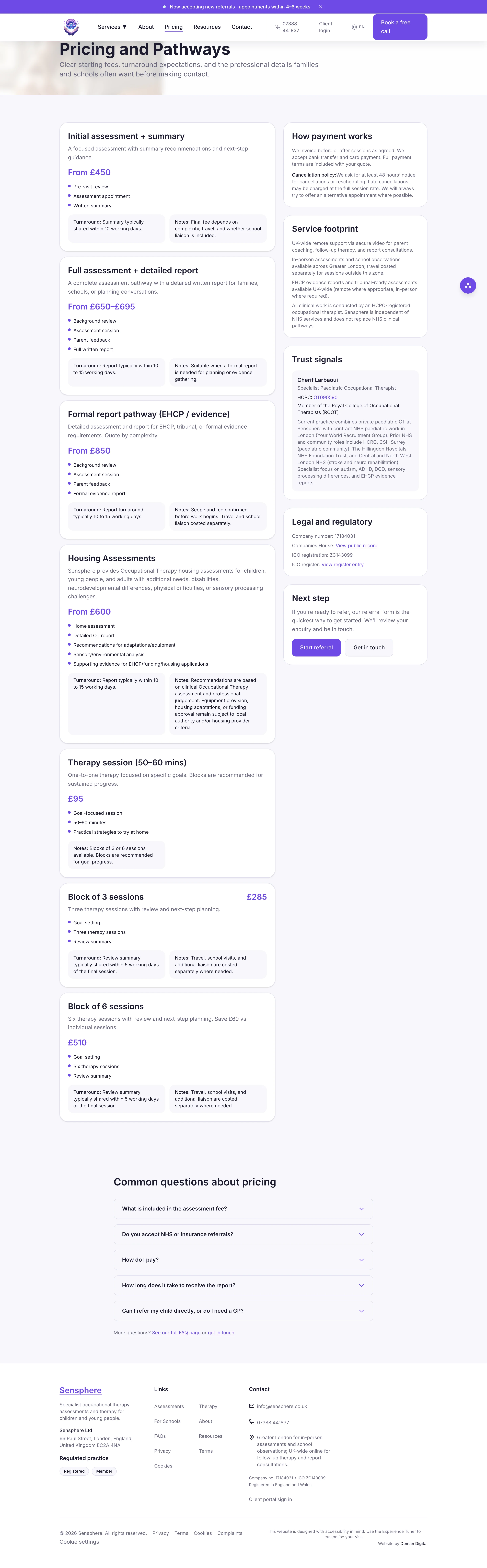 Sensphere pricing page with transparent fee structure and trust sidebar showing ICO registration and company number