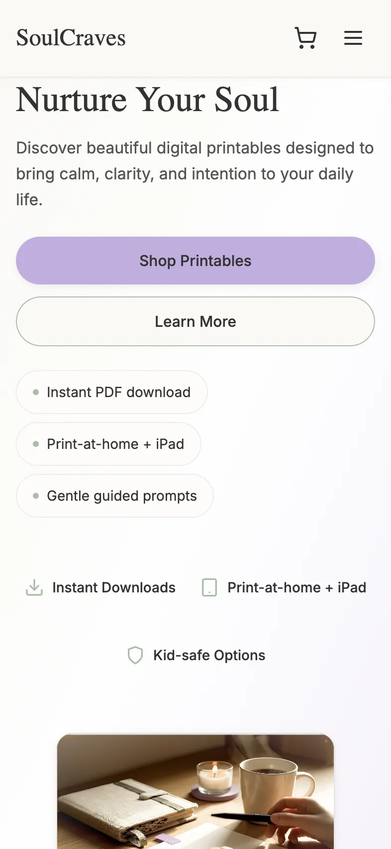 SoulCraves digital printables store mobile view