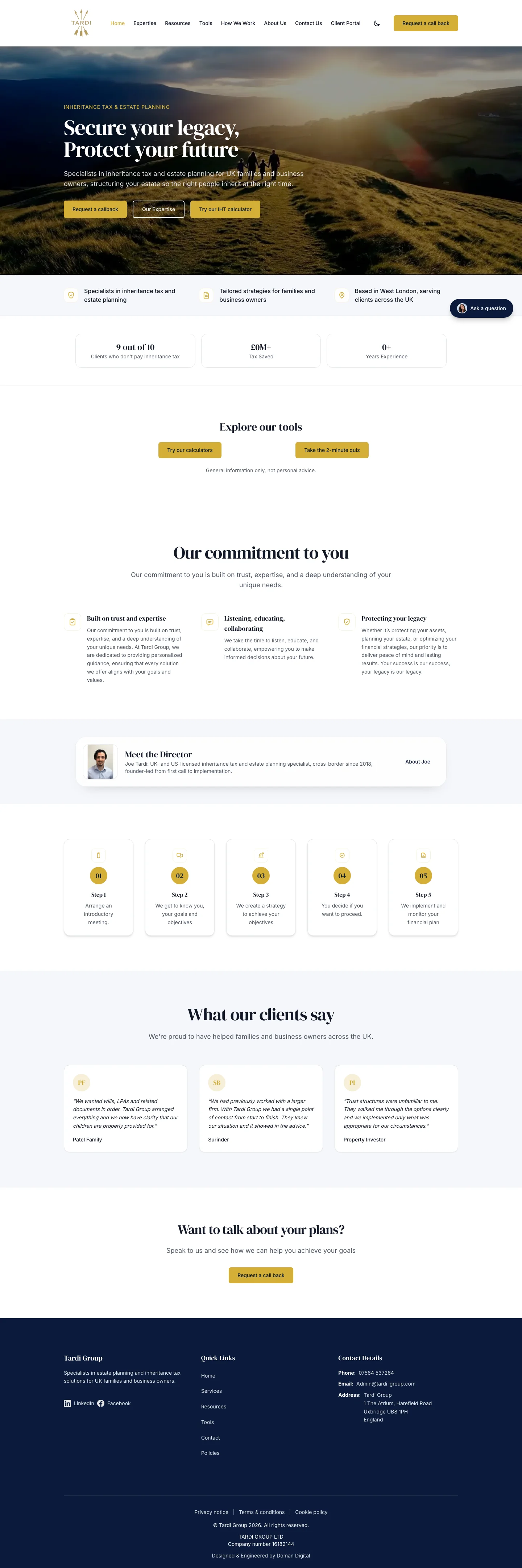 Tardi Group homepage, hero, services overview, and trust signals on the rebuilt site