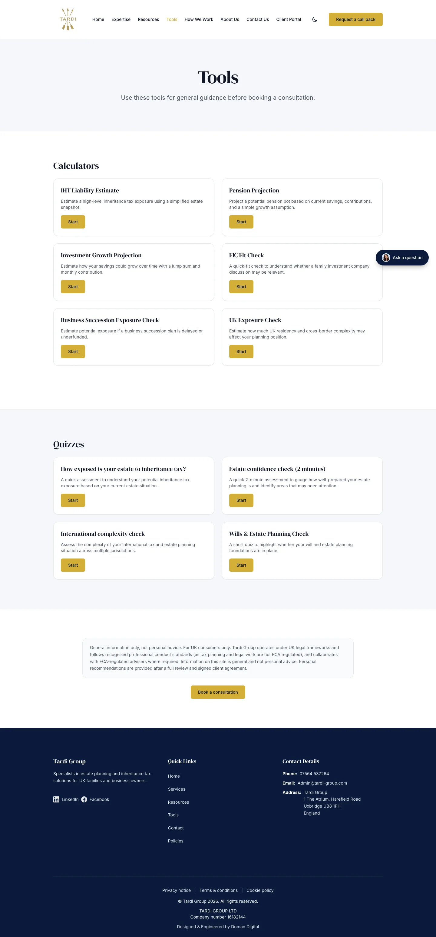 Tardi Group tools index, seven calculators and four quizzes